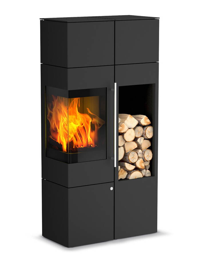 Poêle Cheminée Ipala Smart Compact avec compartiment bois acier noir
