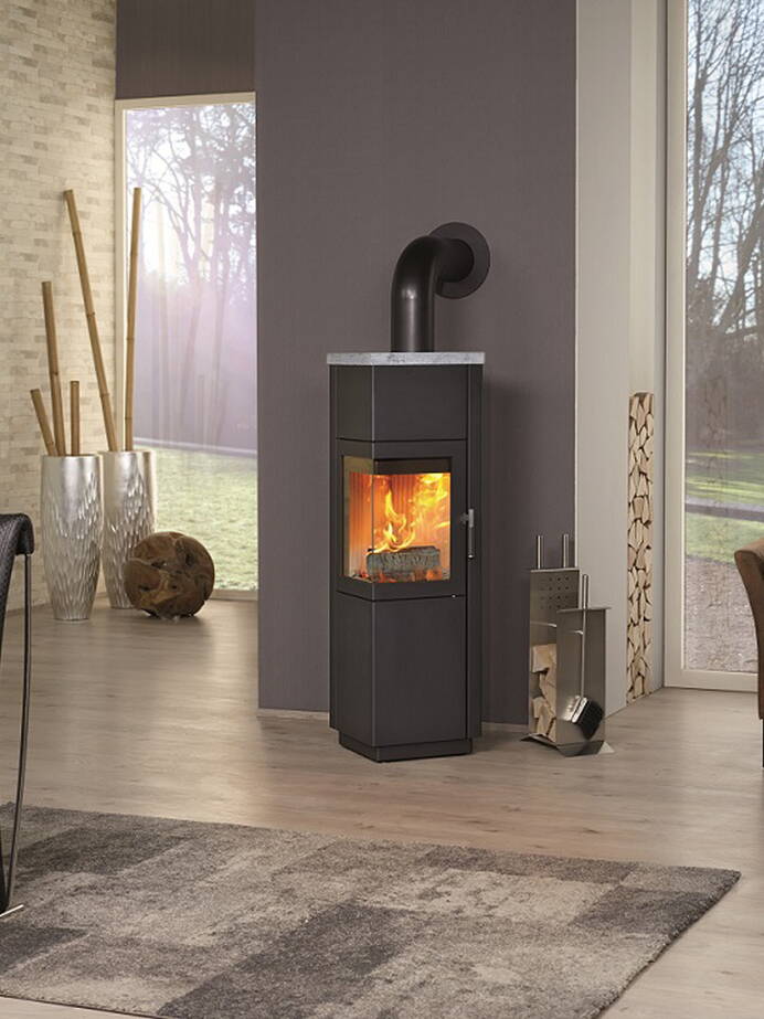 Poêle Cheminée Hark 112 ECOplus Acier noir, plaque superièure pierre naturelle 