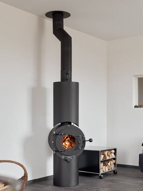 Poêle Cheminées Firetube Shorty slick, 360° drehbar Acier noir, module de base et socle 600 mm de haut 