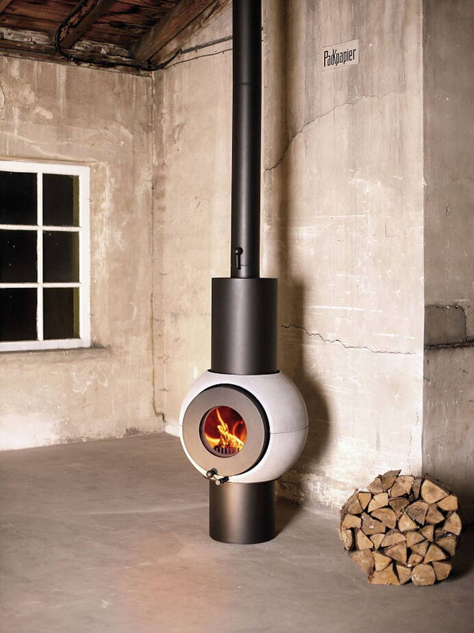 Schwedenofen Firetube Globe B Slick Stahl schwarz, Grundmodul plus Sichtbeton 